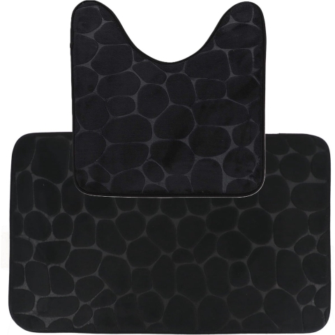 Tendance Badkamer Matten set Pebble - toilet en bad mat - zwart - memory foam - microfiber -