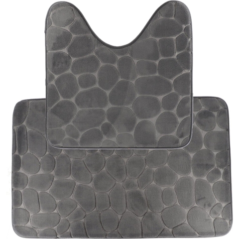Tendance Badkamer Matten set Pebble - toilet en bad mat - donkergrijs - memory foam - microfiber -