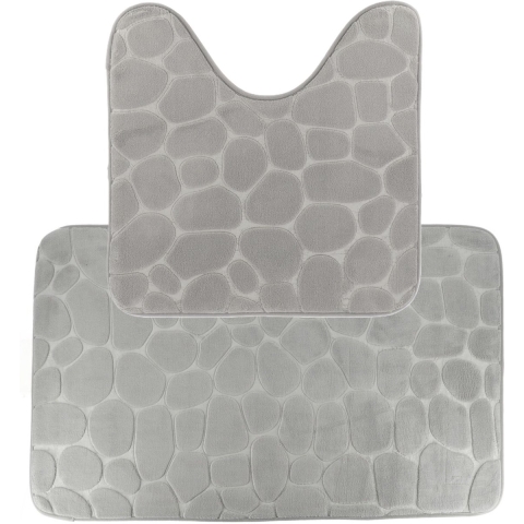 Tendance Badkamer Matten set Pebble - toilet en bad mat - lichtgrijs - memory foam - microfiber -