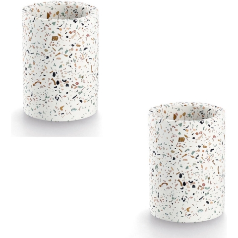 Tandenborstel beker/houder - 2x - wit - terrazzo design - keramiek - rond - 8 x 11 cm -