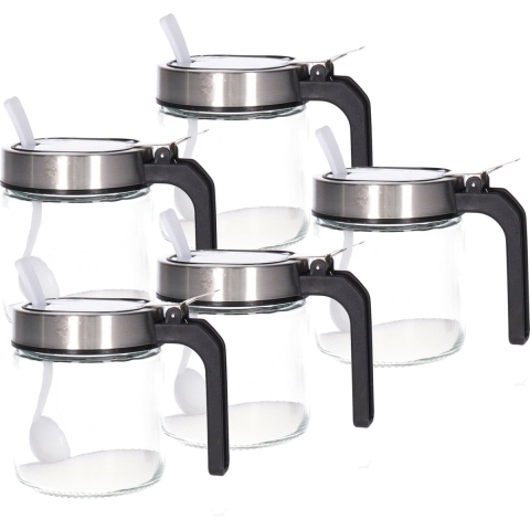 Suikerpot - 5x - glas/rvs metaal - transparant/zilver - 8 x 10 cm - luxe uitvoering -