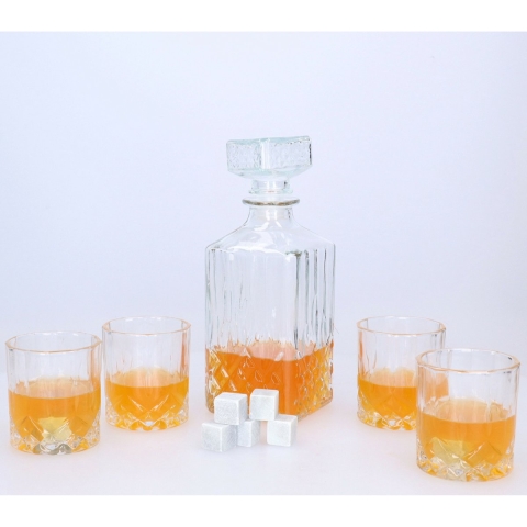 Whisky/water karaf cadeau set - 900 ml - incl. 4 glazen en koelstenen -