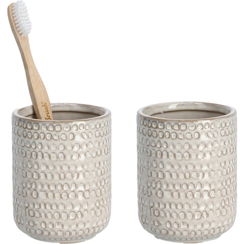 Tandenborstelhouder/badkamer beker - 2x - keramiek - beige - D8 x H10 cm - structure -