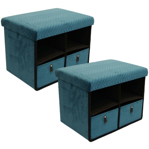 Poef/hocker opvouwbaar - 2x -2 laden - stof - opbergbox - groen - polyester/mdf - 38 x 50 cm -