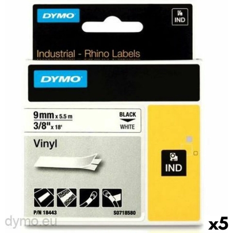 Laminated Tape for Labelling Machines Rhino Dymo ID1-9 White Black 9 x 5,5 mm Stick (5 Units)