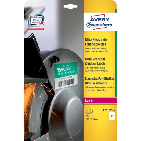 Avery-Zweckform L7916-10 210 x 148 mm Polyethyleen folie Wit 20 stuk(s) Permanent hechtend Folie-etiketten
