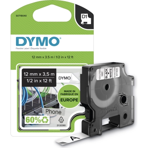 Labeltape DYMO D1 S0718040 Polyamide Tapekleur: Wit Tekstkleur:Zwart 12 mm 3.5 m