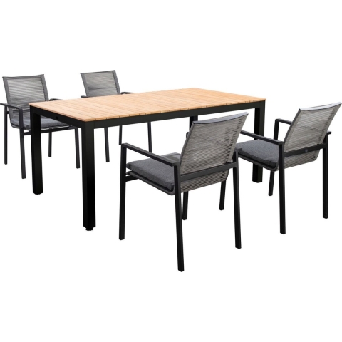 Tuinset Arashi tafel dark grey, teak 169x90 cm met 4 stoelen Vedella stoel dark grey, rope dark grey inclusief kussens - Yoi