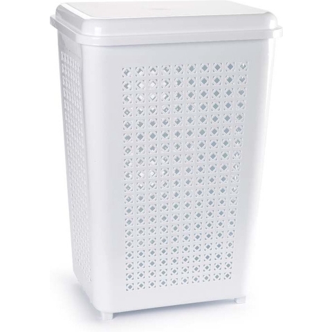Wasmand met deksel - 50 liter - wit - kunststof - 41 x 31 x 61 cm -