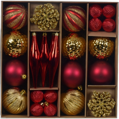 Kerstballen en ornamenten set - 46-delig - rood/goud - kunststof - kerstboomversiering -
