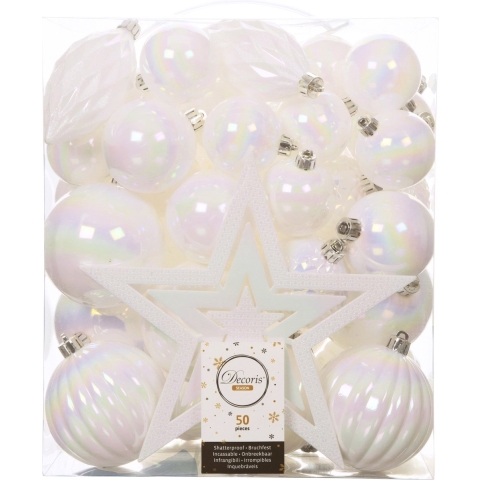 Set van 49x stuks kunststof kerstballen met ster piek parelmoer wit mix -