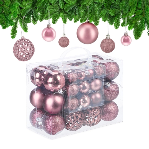 Relaxdays kerstballen - 50x st - lichtroze - 3, 4 en 6 cm - kunststof - mat/glans/glitter -