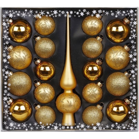 Set 19-delig met glazen kerstballen en piek goud -