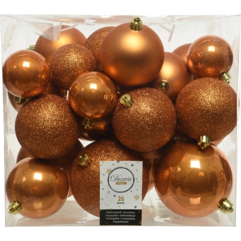 Kerstballen - 26x st - cognac bruin - 6-8-10 cm - kunststof - kerstversiering -