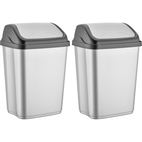 Prullenbak - 2x stuks - 50 liter - kunststof - zilver met zwart - L41,5 x B33,5 x H65 cm -