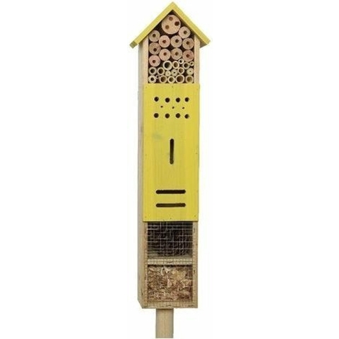 Insectenhotel huisje op paal/steker - geel - 118 cm -