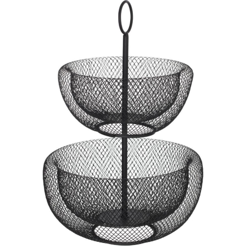 Dubbele etagere fruitschaal/fruitmand rond zwart metaal 29 x 47 cm -