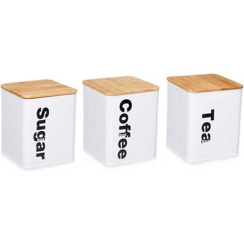 Voorraadpotten set - 3x stuks - koffie/thee/suiker - metaal/bamboe - 1.3L -