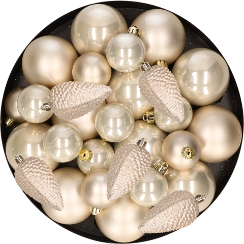 Kerstversiering kunststof kerstballen parel/champagne 6-8-10 cm pakket van 50x stuks -