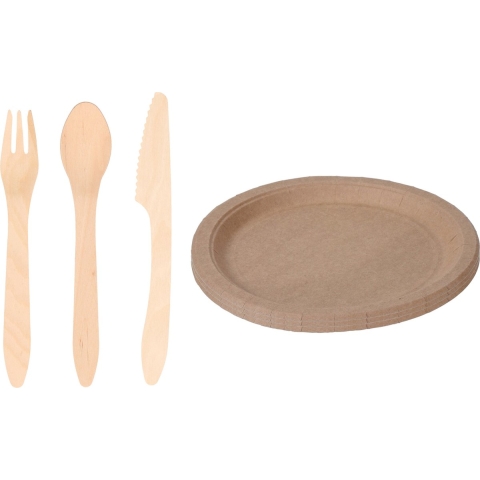 Houten verjaardag bestek voor 30x personen set en 30x Duurzame papieren taart/hapjes bordjes 23 cm -