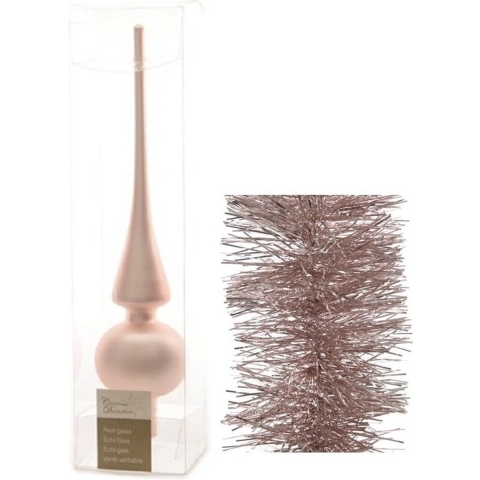 Kerstversiering glazen piek mat 26 cm en folieslingers pakket lichtroze van 3x stuks -