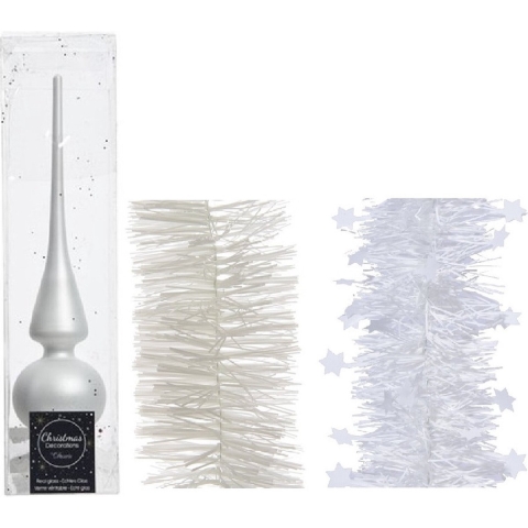 Kerstversiering glazen piek mat 26 cm en folieslingers pakket winter wit van 3x stuks -