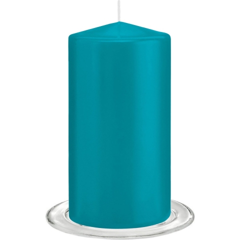 Trend Candles - Stompkaarsen met glazen onderzetters set van 2x stuks - turquoise blauw 8 x 15 cm -
