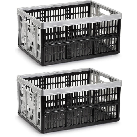 Opvouw krat - 2x - zwart/zilver - 48 x 35 x 24 cm - boodschappen - 32 liter -