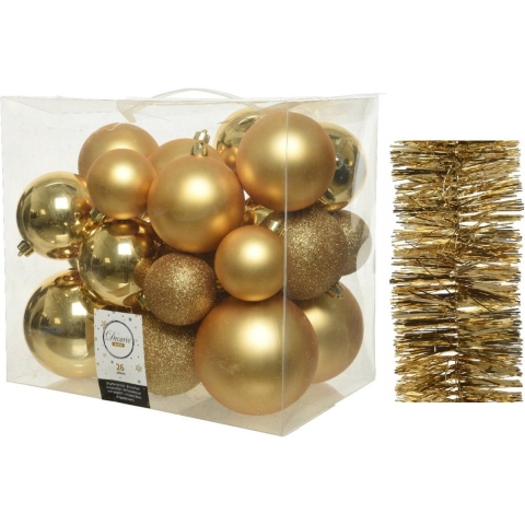 Kerstversiering kunststof kerstballen 6-8-10 cm met folieslingers pakket goud van 28x stuks -