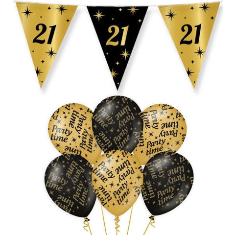 Verjaardag 21 jaar versiering pakket zwart/goud 21 en party-time -