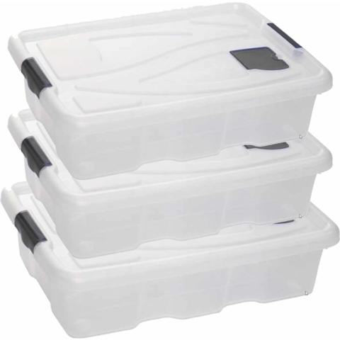 Opbergbox - 3x - transparant/blauw - 28 liter - 62 x 45 x 17 cm - kunststof - opbergdoos -