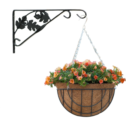 Hanging basket met muurhaak sierblad groen en kokos inlegvel - metaal - complete hanging basket set -