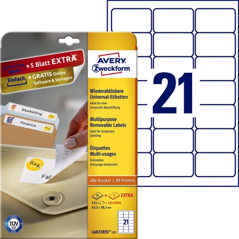 Avery-Zweckform Universele etiketten L6023REV-25 (N/A ),Wit, Rechthoek, Afgeronde hoeken, 630 stuk(s), Weer verwijderbaar