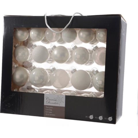 Kerstballenset glas mix winterwit 42st