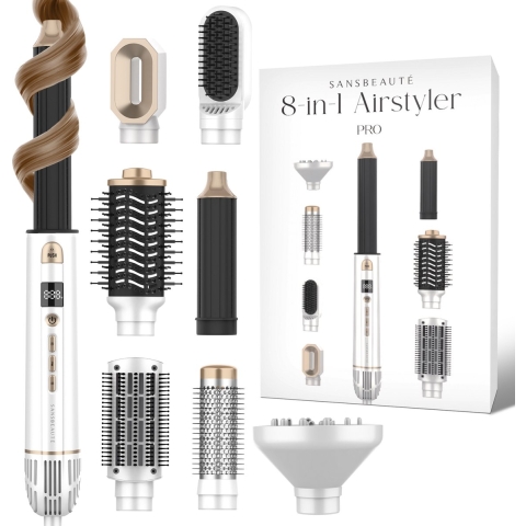 Sansbeauté® 8-in-1 Airstyler met Diffuser Hairwrap - Multistyler - Roterende Fohnborstel - Dupe - Haarstyler - Haardroger - Warmteborstel - Krulborste