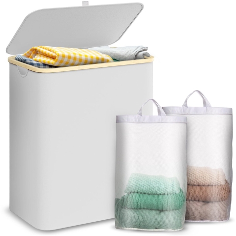 Lugia Wasmand 2 Waszakken - 141L - Natuurlijk Bamboe - Wasmand met Deksel - Wassorteerder - Grijs