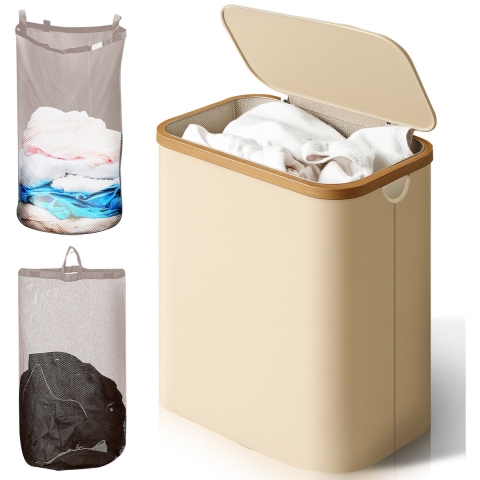 Lugia Wasmand - 2 Waszakken - 141L - Natuurlijk Bamboe - Wasmand met Deksel - Wassorteerder - Beige