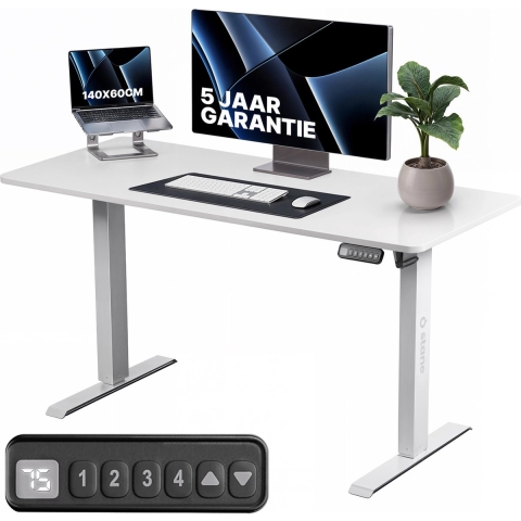Stane Zit Sta Bureau Elektrisch Verstelbaar - 4 Geheugen Standen - Incl. Kabelgoot - 140 x 60 cm - Wit