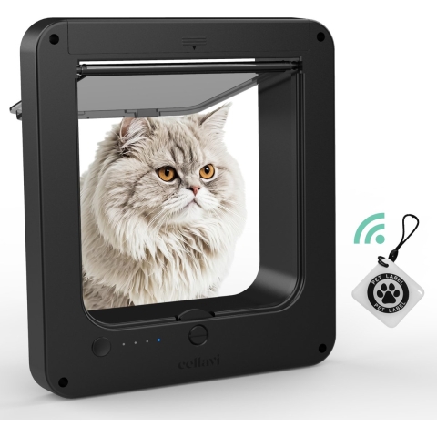 Cellavi Kattenluik met Microchip - Geschikt voor Grote en Kleine Katten - Chipherkenning - XL - 29,8 x 26,3 CM - Zwart,