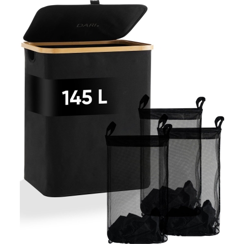 DARI. Wasmand 3 vakken - Wassorteerder - 145L - met 3 uitneembare zakken - wasmand - zwart - knopen,,