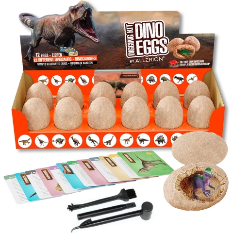 Allerion Dino Graaf Kit - 12 Dino Eieren– Speelset - Archeologie - Educatief Speelgoed - Inclusief Borstels, Beitels en Informatiekaartjes,,