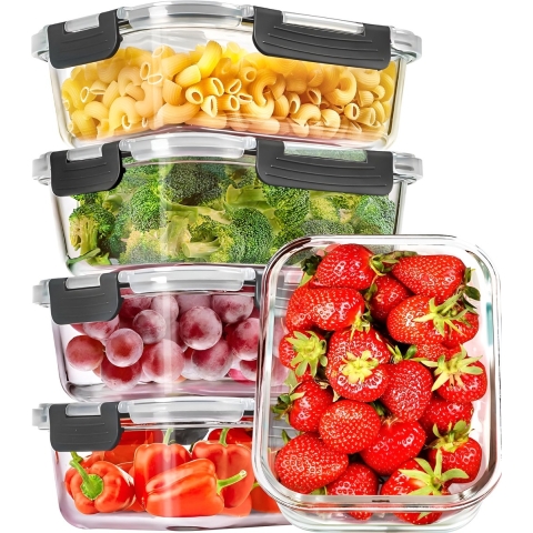 HI NATURE™ Vershoudbakjes set Glas - Meal Prep Bakjes - Luchtdicht vershouddoos van glas - Diepvriesbakjes - BPA Vrije Magnetronbakjes - Bewaarbakjes met deksel | 1L - Glas - 5 Stuks