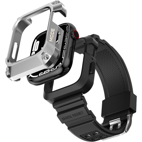 SmartphoneClip® Rugged Armor Iron Case Zilver met TPU band geschikt voor Apple Watch 44mm