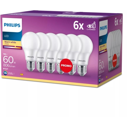 Energiezuinige Philips LED Lamp Mat - 60 W - E27 - warmwit licht - 6 stuks - Bespaar op energiekosten