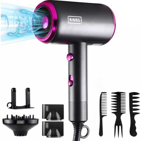 RAVEG® 5 in 1 Föhn met Diffuser Haardroger voor krullen – Ionisch - Krullen Föhn – 2000W - Paars,,,