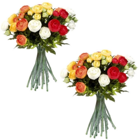 3x stuks oranje/wit Ranunculus/ranonkel kunstbloemen boeket 35 cm -