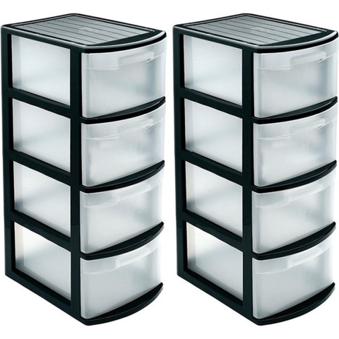 2x stuks ladeblok/bureau organizer met 4x lades zwart/transparant L39 x B28.5 x H78 cm -