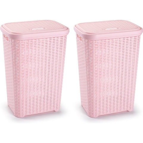2x stuks grote rotan wasmand met deksel van 60 liter in het lichtroze -