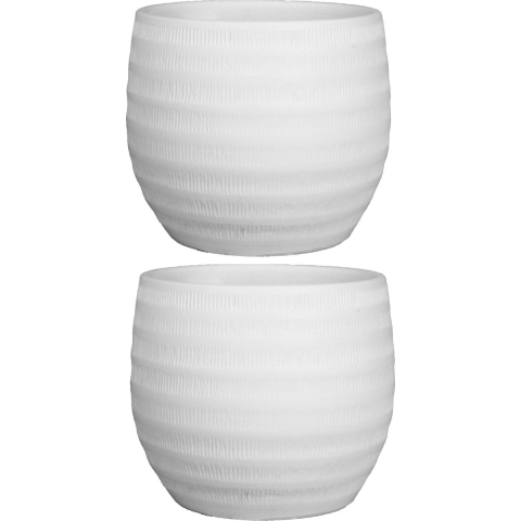 Floran Bloempot - 2x stuks - wit - mat - relief - keramiek - 34 x 30 cm -