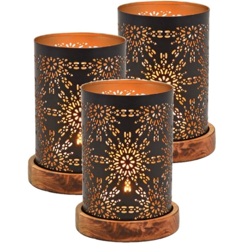 Windlicht/kaarsenhouder Marrakesh - Set van 3x stuks - metaal/hout - zwart/goud - 10 x 18 cm -